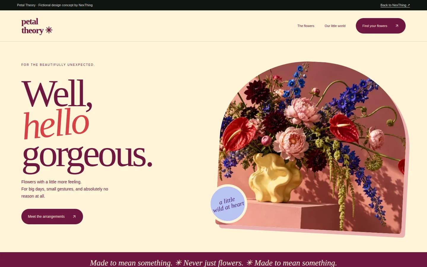 Petal Theory fictional website design: Expressive. Playful. Unforgettable.