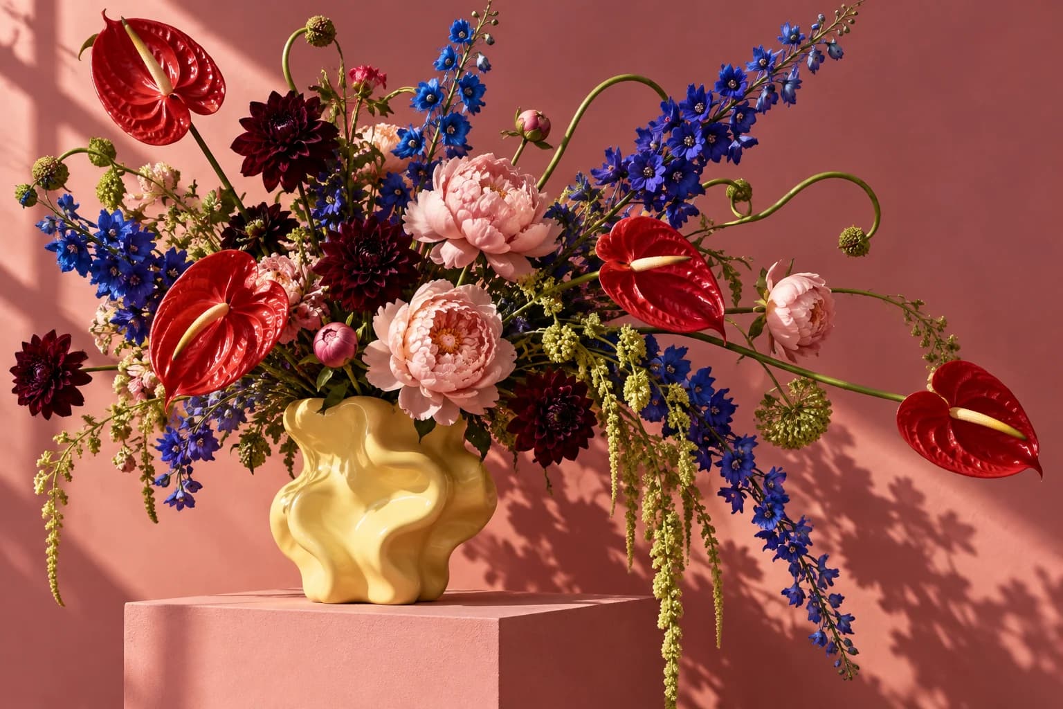 Sculptural pink and burgundy flower arrangement created for Petal Theory