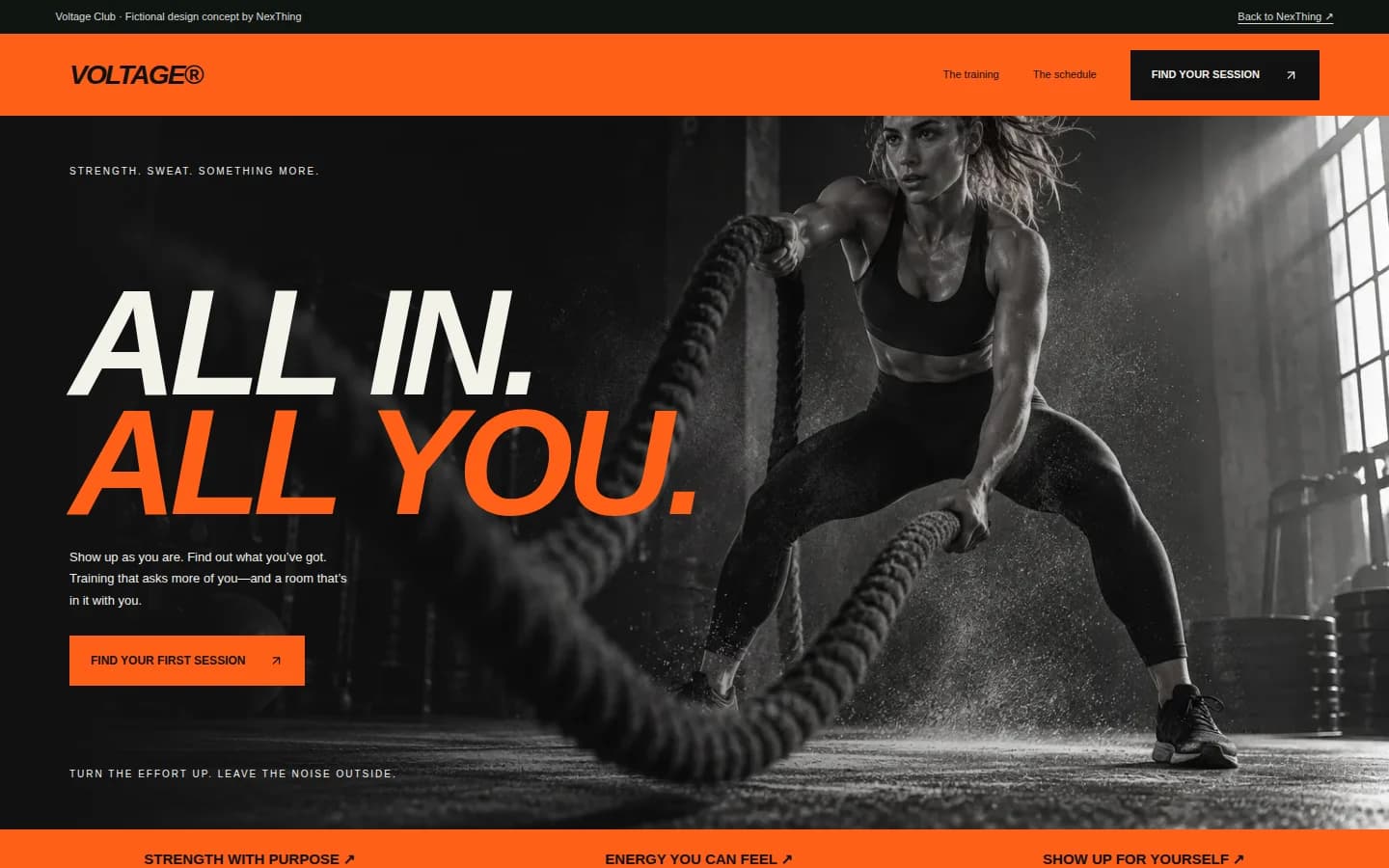 Voltage Club fictional website design: High contrast. Zero hesitation.