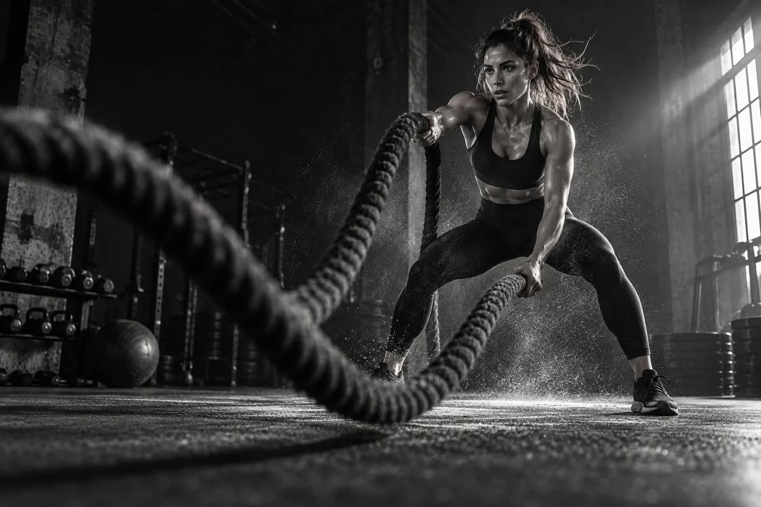 Fictional fitness campaign showing an adult athlete training with battle ropes
